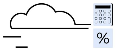 Hesap makinesine bağlı bulut ve yüzdelik sembolü finansal analiz, veri depolama ve hesaplama iletir. Dijital finans, teknoloji, analitik, bulut kullanımı, hesaplamalar, verimlilik için ideal