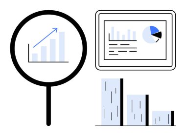 Yükselen bar tablosu üzerinde büyüteç, grafikli tablet ekran, standalone bar tablosu. Analiz, büyüme izleme, istatistik, piyasa araştırması, veri sunumu, eğilimler için ideal