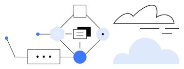Bağlı düğümler, dijital bileşenler ve bulut grafikleriyle soyut ağ diyagramı. Teknoloji, veri transferi, bulut hesaplama, bağlantı, yenilik, sistem işletimi için ideal