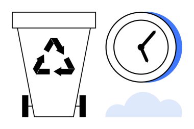 Dairesel oklarla geri dönüşüm kutusu, analog saat ve ekolojik bilinç ve zaman farkındalığını vurgulayan bulut elementi. Sürdürülebilirlik, atık yönetimi, zaman yönetimi, geri dönüşüm için ideal