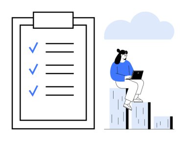 Kontrol listesinin yanındaki grafik çubuklarında oturan dizüstü bilgisayarda çalışan bir kadın. Bulutların altında kontrol işaretleri var. Üretkenlik, verimlilik, hedefler, strateji, organizasyon, veri analizi, görev yönetimi için idealdir. Basit.