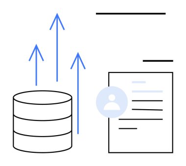 Bir kullanıcı profili belgesinin yanında yukarı doğru ok atan diskler yığını, büyümeyi, ilerlemeyi ve veri entegrasyonunu vurguluyor. Analiz, teknoloji, iş, otomasyon, strateji için ideal