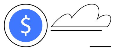 Mavi para, minimalist bulut ve çizgi şekillerinin yanında. Finans, fintech, ekonomi, yatırım, bulut teknolojisi, dijital ödemeler, tasarruflar için ideal. Basit düz metafor