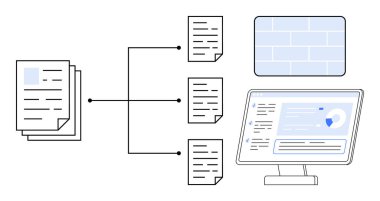 Analitik veri çıkışı olan bir bilgisayar ekranına bağlı, daha küçük belge bölümlerine satırlarla bağlanan belgeler. Veri yönetimi, otomasyon, iş akışı, analitik, teknoloji, organizasyon için ideal