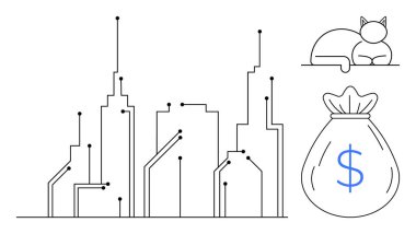 Devre çizgileri olan şehir silueti, yaslanmış kedi ve dolar işaretli para çantası. Teknoloji, finans, kentsel yaşam, ekonomi, dijital büyüme yeniliği ve sürdürülebilirlik için ideal. Minimalist
