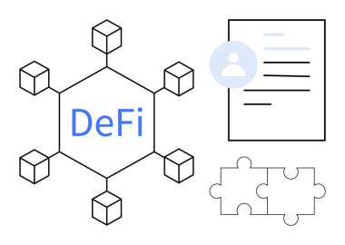 DeFi metni, kullanıcı profili belgesi ve bulmaca parçaları ile engelleme ağı, ademi merkeziyetçi sistemleri, dijital kimlik, işbirliği, finans, teknoloji, şeffaflık ve basit düz sistemleri temsil eder