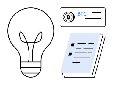 Ampul fikirleri simgeler, kripto kartı engelleme zinciri ve BTC için, belgeler de evrak işleri için. Yenilik için ideal, kripto para, finans, teknoloji kavramları, engelleme zinciri, iş planlaması basit