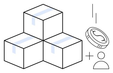 Kutular dolusu bant, madeni para temsil eden para ve kullanıcı profili simgeleri. Lojistik, e-ticaret, envanter yönetimi, depolama, nakliye, mali işlemler ve müşteri işlemleri için ideal
