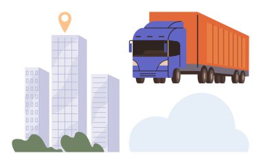 Kargo kamyonu yüksek şehir binalarının yakınına park edilmiş, lokasyon iğnesi yukarıda. Lojistik, dağıtım, ulaşım, şehir planlama, tedarik zinciri, iş dünyası için ideal. Basit düz metafor