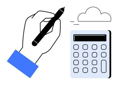 Hesap makinesi ve bulut simgesini sembolize eden, muhasebe, finans, dijital yenilik, bulut depolama, hesaplama, planlama ve teknolojiyi simgeleyen bir kalem tutan bir el. İş eğitimi için ideal