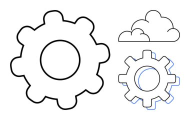 Geniş ve küçük vitesler, teknolojiyi, yeniliği, bulut hesaplamasını, takım çalışmasını, iş akışını, problem çözmeyi ve sistem verimliliğini basit bir düz metafor olarak sembolize eden bir bulut anahatının yanında yer alır.