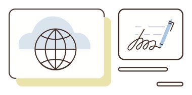 Bulut bağlantısını ve veri paylaşımını sembolize eden bulut küresi, dijital anlaşma için kalem ve imzayla ekran. İletişim, uzaktan çalışma, güvenlik, e-imza, veri depolama için ideal