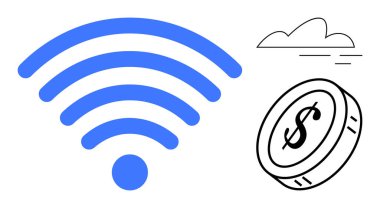 Mavi kablosuz sembol, dolar işareti olan bozuk para ve bulut. Teknoloji, finans, dijital ödeme, bulut hesaplama, kablosuz veri çevrimiçi ticaret ve modern ekonomi için ideal. Basit düz metafor