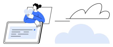 Kalbi tutan kadın, etrafını çevreleyen bulut görüntüleriyle dolu metinlerle dolu tabletin üzerinde oturuyor. Temalar için ideal teknoloji, bağlantı, şefkat, sağlık, bulut hesaplama, aşk, basit düz