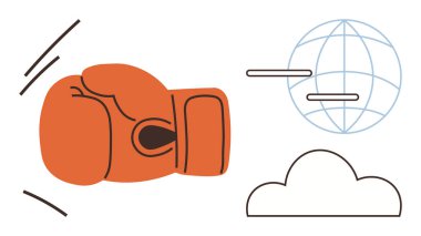 Kırmızı boks eldiveni hareket çizgileriyle vuruyor, yanında bulut ve küre var. Spor, rekabet, teknoloji, güç, yenilik ve küresel etki için ideal. Basit düz metafor