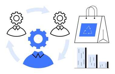 Dişli başlı bireyler işbirliği ve süreci simgeliyor, alışveriş poşeti geri dönüşümü vurguluyor, bar tablosu büyümeyi temsil ediyor. Sürdürülebilirlik, takım çalışması, geri dönüşüm ve iş büyümesi için ideal