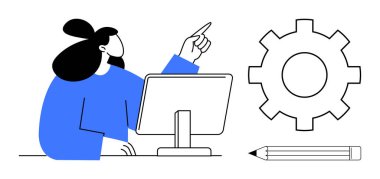 Masaüstü monitöründe çalışan bir kişi dişliyi işaret ederken, bir kalemle birlikte. Üretkenlik, yenilik, problem çözme, geliştirme, tasarım, iş akışı takım çalışması kavramları için idealdir. Basit düz