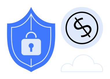 Kilitli mavi kalkan, daire şeklinde dolar sembolü ve bulut veri güvenliğini, çevrimiçi işlemleri ve mahremiyeti vurguluyor. Finans, güvenlik, teknoloji, bulut şifreleme aracı için ideal basit düz