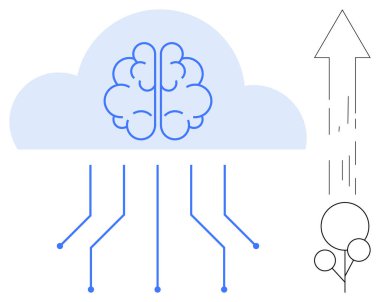 Bulutların içindeki beyin ve devre bağlantıları yapay zekayı temsil ediyor. Ok ve daireler yeniliğin ve yükselmenin göstergesidir. Teknoloji için ideal, yapay zeka evrimi, makine öğrenimi, büyüme, yenilik, bulut
