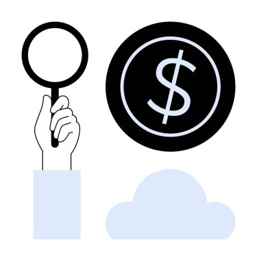 Elinde büyüteçle bir madeni paranın içindeki dolar işaretini inceliyor. Yumuşak bulutun yanında. Finans, bankacılık, yatırım, teknoloji, araştırma, para yönetimi, analitik için idealdir. Basit düz metafor