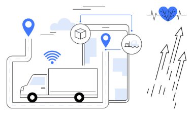 Teslimat güzergahında GPS, akıllı telefon, envanter, bağlantı, sağlık ve ilerleme okları olan lojistik kamyonu. Lojistik, teknoloji ve ulaştırma ulaşımı için ideal.