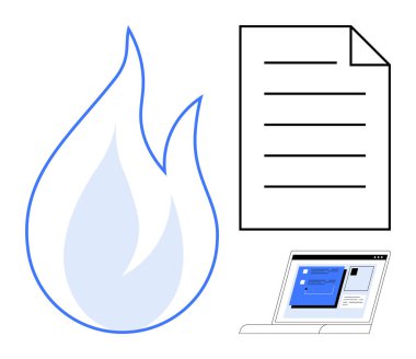 Alev simgesi, belge kağıdı ve dizüstü bilgisayar ekranı birlikte trend başlıkları, önemli dijital içerik, yenilik, iş akışı optimizasyonu, çevrimiçi platformlar, yaratıcılık, basit düz konseptleri iletir