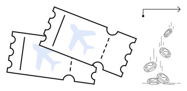 Düşen paraların yanında iki uçak bileti ve seyahat masraflarını, bütçe, planlama, turizm, finansal tasarruflar, gider yönetimi, hedef belirleme ve ekonomik yaşam tarzını simgeleyen bir ok.