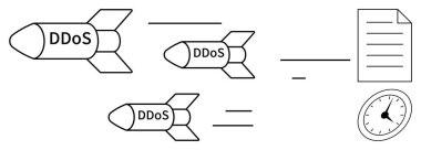 Bir belgeye ve kronometreye DDoS etiketli üç füze, siber saldırıyı simgeliyor. Siber güvenlik, hackleme, çevrimiçi tehdit, veri güvenliği, ağ savunması, teknoloji riski, basit