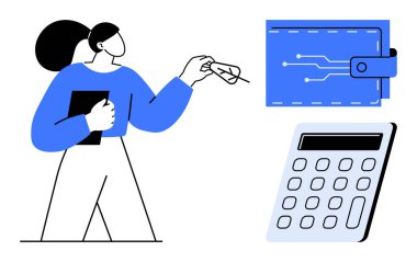 Elinde dijital cüzdan, hesap makinesi, finans, bütçe ve teknolojiyi temsil eden bir tablet tutan bir kadın. Kişisel finans, teknoloji, bütçe, tasarruf, muhasebe, fintech için ideal