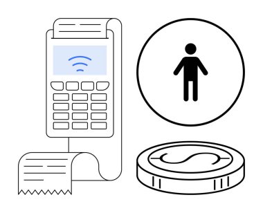 Fatura ve bozuk paraya sahip ödeme terminali dijital ekonomi, kullanıcı deneyimi ve nakit ödemeleri ön plana çıkarıyor. E-ticaret, fintech, bankacılık, alışveriş, teknoloji, müşteri hizmetleri için ideal daire