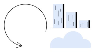 Dairesel ok süreci, bar tablosu veriyi ve bulut da depoyu simgeler. Teknoloji, yedekleme, ilerleme, iyileşme, yenilik veri akışı geliştirme için idealdir. Basit düz metafor