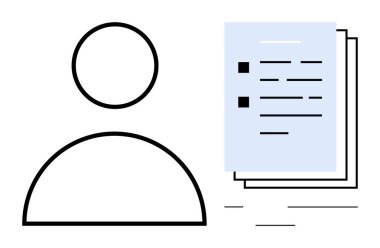 Belge, veri veya profil yönetimini sembolize eden katmanlı kağıtların yanında basitleştirilmiş insan taslağı. Veri organizasyonu, askere alma, görevler, kullanıcı profili, ofis iş akışı, dijital dosyalama için ideal