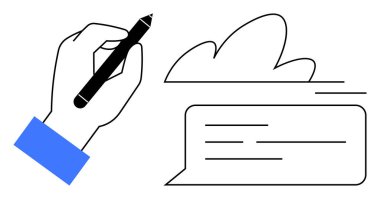 Bulut ve mesaj baloncuğunun yanında kalem çizimi. Basit düz metaforda yaratıcılık, iletişim, geri bildirim, beyin fırtınası, dijital mesaj, sanat ve eğitim için idealdir.