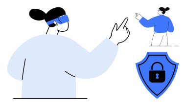 Sanal gerçeklik kulaklığıyla etkileşim halinde olan bir kadın, işaret eden bir jest, asma kilit ile siber güvenliği sağlayan bir kalkan. Teknoloji, sanal gerçeklik, yenilik, eğitim ve siber güvenlik için ideal. Basit.