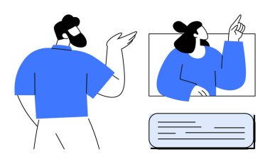 İki profesyonel bir video görüşmesi yapıyor. Biri konuşurken el kol hareketi yapar, diğeri bir fikri işaret eder. İletişim, takım çalışması, uzaktan çalışma, sanal buluşma, eğitim, bağlantı için ideal basit bir daire