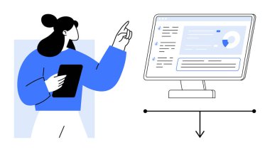 Masaüstü monitörünü gösteren tabletli bir kadın çizelgeleri, listeleri ve grafikleri gösteriyor. Teknoloji, analitik, talimat, iş akışı, veri görselleştirme, basit eğitim odakları için idealdir