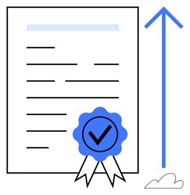 Üzerinde onay işareti olan resmi bir belge, büyümeyi simgeleyen yukarı doğru ok ve asgari bulutları simgeliyor. Tanınma, sertifika, başarı, büyüme, başarı, gelişme için ideal