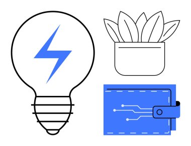 Elektrik sürgülü ampul, modern dijital cüzdan, ve saksı bitkisi yenilik, teknoloji, sürdürülebilirlik ve finans fikirlerini çağrıştırıyor. Enerji, büyüme, fintech eko-yaşam yaratıcılığı için ideal