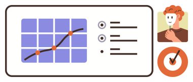 Çizgi grafik ve düğümlü büyüme tablosu, kurşun kaplı metin, kişi profili ve kene izi. Ticari büyüme, veri görselleştirme, performans ölçümleri, hedef izleme, analitik strateji planlaması için ideal