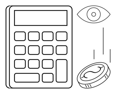 Hesap makinesi, bir göz ve mali yönetimi, hesaplamayı, izlemeyi ve tasarruf etmeyi temsil eden düşen bir bozuk para. Muhasebe, bütçe, yatırım iş planlama analizi ve harcamalar için ideal