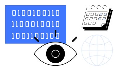 İkili kod, gözlem odaklı bir göz, bir takvim ve veri izleme, zamanlama ve küresel bağlantı kavramlarını birbirine bağlayan bir küre. Teknoloji, analiz ve yapay zeka güvenliği için ideal.