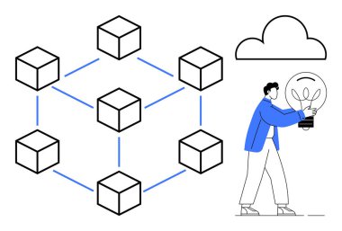 Ağ küpleri blok zincirini, fikirleri temsil eden ampullerle, teknoloji deposu için bulut ile sembolize eder. Yenilik, teknoloji, engelleme zinciri, veri, bulut hizmetleri, ağ oluşturma ve işbirliği için ideal