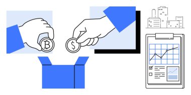 Şifreli para ve bozuk paraları bir kutuya koyan eller, bir panoda bir finansal tablo, şehir binaları. Yatırım, kitle fonlama, kripto para birimi, finans, büyüme, analiz için ideal