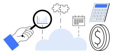 Büyüteç inceleme verileri, bulut birleştirme parçaları, takvim, hesap makinesi ve para. İş planlaması, finans, işbirliği, bulut hesaplama bütçe sorunları çözme verileri için ideal