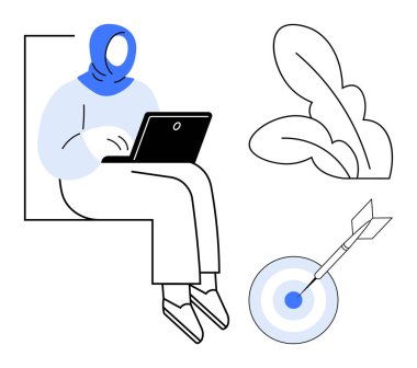 Dizüstü bilgisayarda yazan kadın odaklanmayı ve üretkenliği temsil ediyor. Hedefe yakın olan ok, hedefleri ve başarıları simgeler. Teknoloji, ticaret, öğrenme, odaklanma, başarı ve planlama için ideal