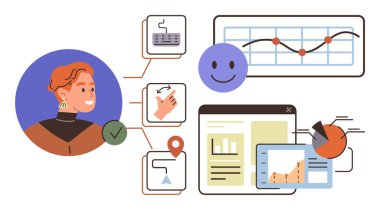 Grafiklere, analitiğe ve klavyeye, işaretçiye ve harita broşürüne bağlı olan kişi. Veri görselleştirme, UIUX tasarımı, teknoloji, takım çalışması kararları verimliliği basitleştirmek için ideal