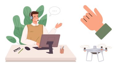 Müşteri hizmetleri görevlisi masasında kulaklık takmış, operasyonları açıklıyor. Yol gösterme için el hareketi, modern kuadkopter. Teknoloji, uzaktan çalışma, iletişim, yenilik ve rehberlik için ideal