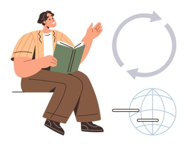 Jest yaparken kitap tutan kişi, süreçler için dairesel ok sembolü, küresel bağlantıyı temsil eden küre. Eğitim, bilgi transferi, iletişim, küreselleşme ve öğretim için ideal