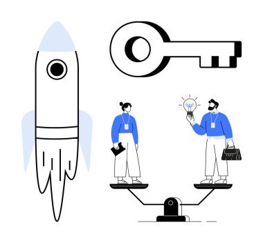 Yükselen roket, büyük anahtar, iki iş adamı dengeli ölçekte fikir alışverişinde bulunuyor. Eşitlik, takım çalışması, yenilik, başarı, fırsat, liderlik için ideal basit düz metafor