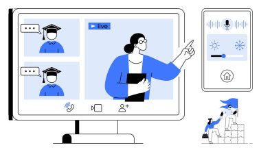 Öğretmen bilgisayar ekranı, sanal etkileşim, ses kontrolü ve uzaktan öğrenme yoluyla öğrencilerle çevrimiçi olarak iletişim kurar. E- öğrenim, eğitim, teknoloji ve iletişim için ideal